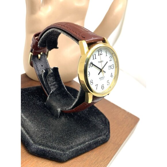 Timex Men's Watch T2H301 Quartz Indiglo White Dial Date Gold Brown Leather 35mm - Picture 14 of 14